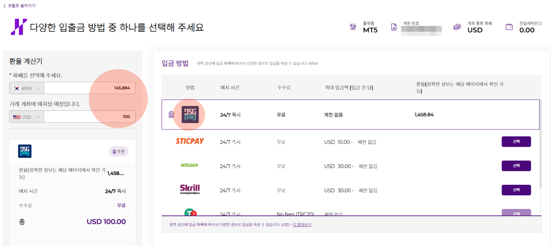 입금 방법 — DSG PAY 선택 / 금액 입력