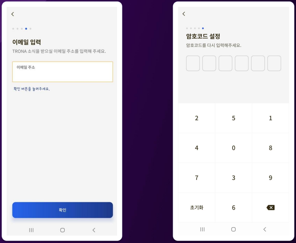 이메일 입력 / 암호코드(6자리) 설정